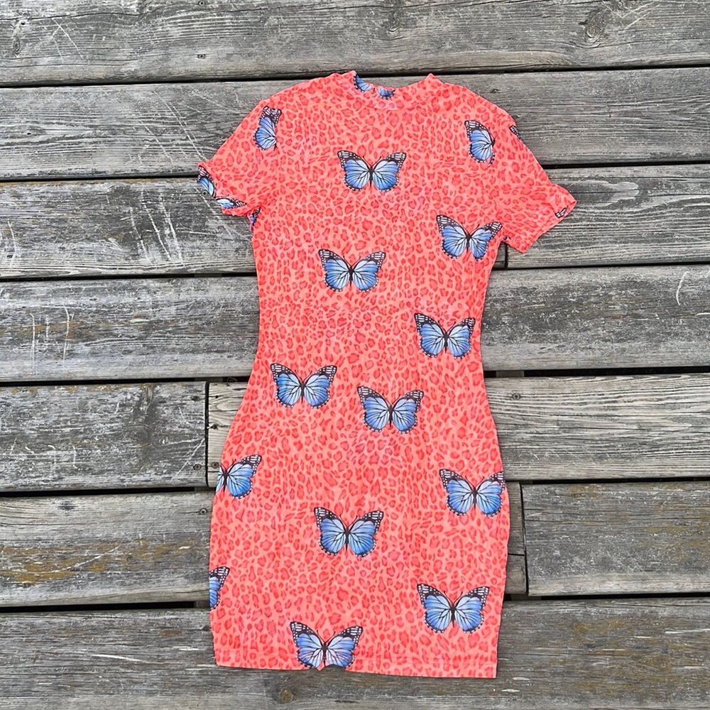 Orange and Blue Butterfly Sheer Mini Dress